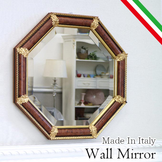 イタリア製,姿見,八角形,八角鏡,風水ミラー,壁掛け,ブラウン