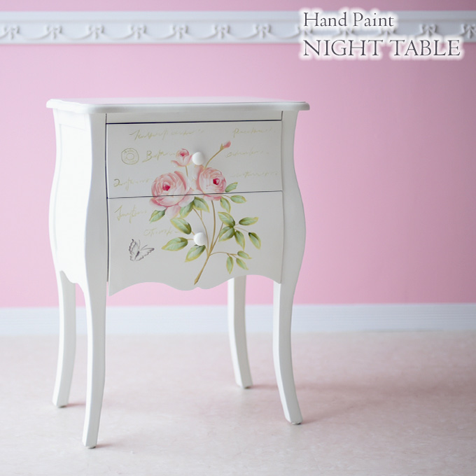 ナイトテーブル,ハンドペイント,フレンチ,ホワイト