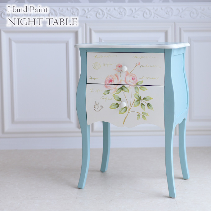 ナイトテーブル,ハンドペイント,フレンチ,ブルー