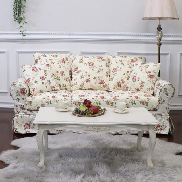 ３Ｐソファ（薔薇／ローズ柄）※カバーリング仕様（取り外し可能） 輸入家具 プチローズソファ 三人掛け ロココ調 ソファー 3P 花柄