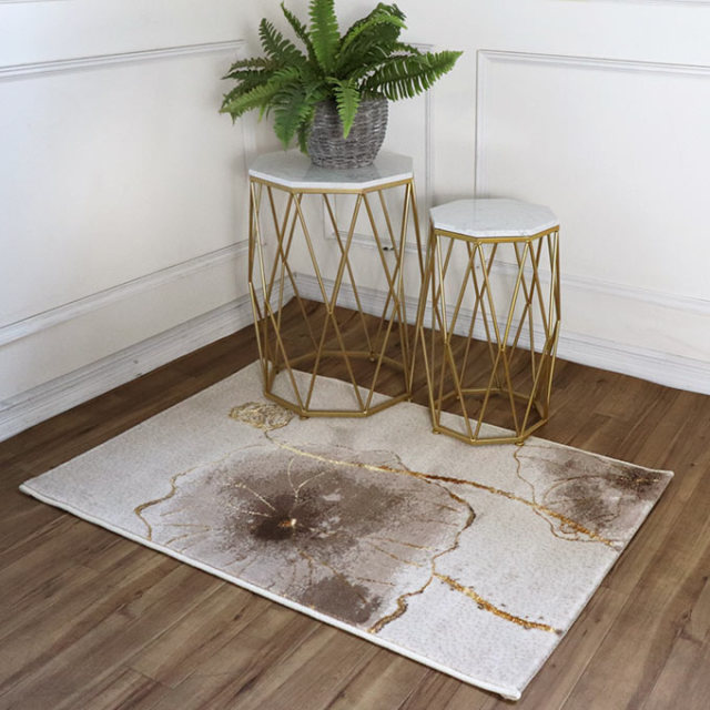 ラグマット(玄関マット) ホワイトゴールドフラワー 120×80cm｜おしゃれ