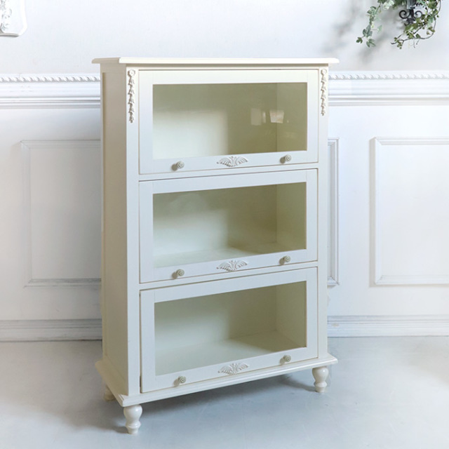 本棚,食器棚,白家具,おしゃれ,キャビネット,カップボード,フラップ式,アンティーク,3段,ホワイト