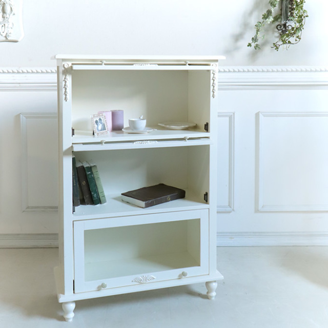本棚,食器棚,白家具,おしゃれ,キャビネット,カップボード,フラップ式,アンティーク,3段,ホワイト