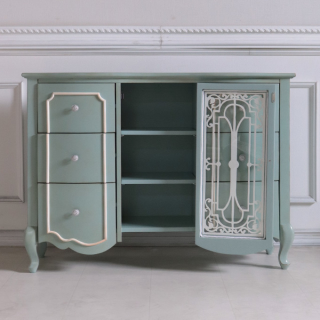 サイドボード,収納,幅120cm,フレンチ,ロココ,グリーン