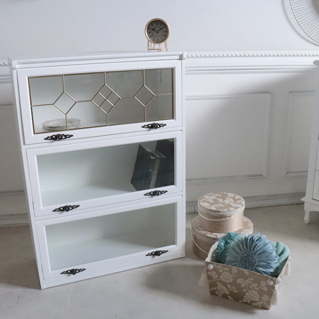 スライド式 ステンドガラス3段チェスト｜白家具 ホワイト家具