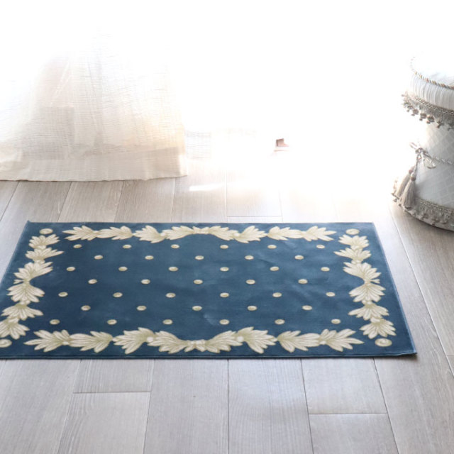 玄関マット　花柄刺繍ネイビーブルー　ラグ スタイルフランス コットン100％ ラグマット(玄関マット) ブルー