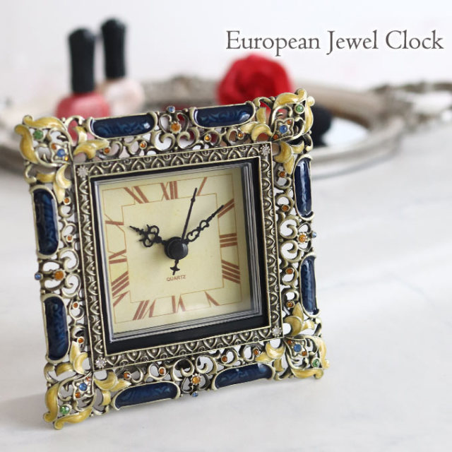 置き時計,時計,スクエア,ロココ,ブルー