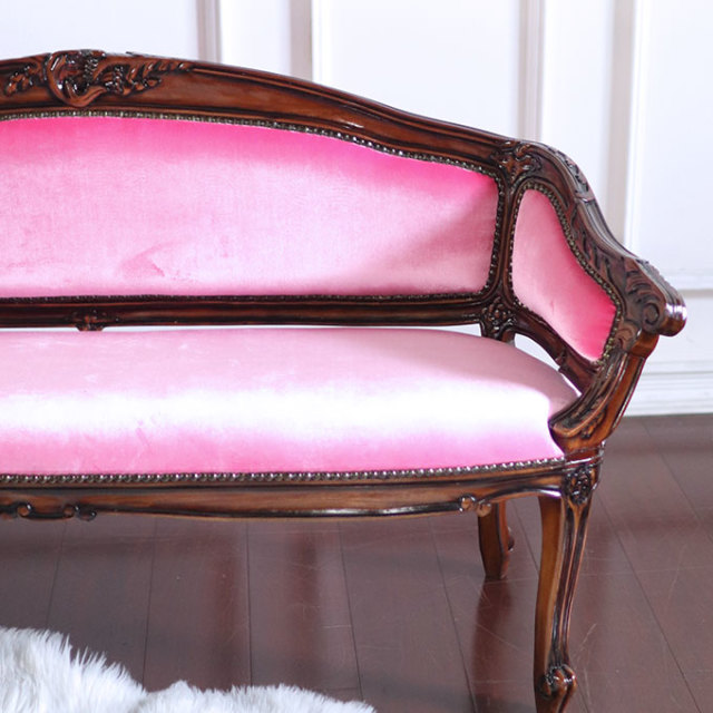 マホガニー材使用 ベネシア 1人掛けソファ ベロアピンク 輸入家具 2人掛けソファ ベロアピンク 高級マホガニー家具