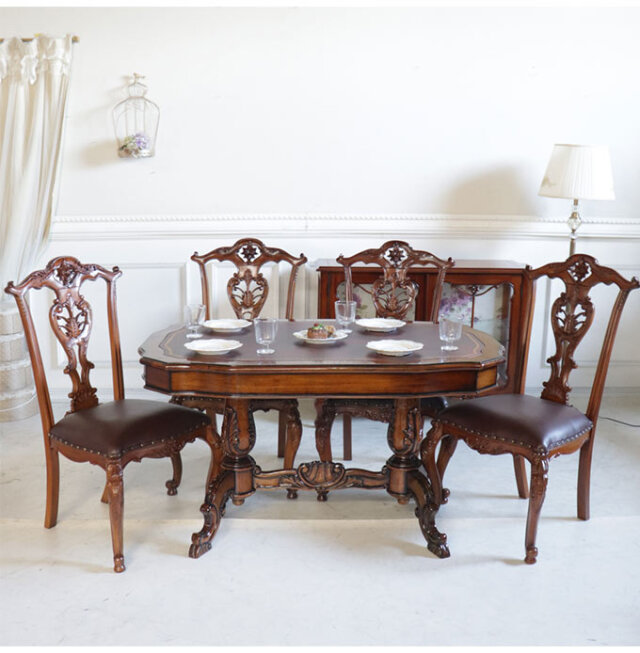 革張りダイニングテーブル 天板ガラス付き 幅135cm｜高級マホガニー  