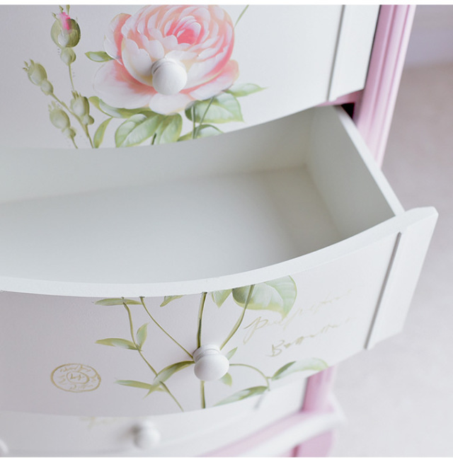 ぺこちゃん専用　薔薇の花柄 木製スツール とキッチンラック ハンドペイント 薔薇の5段チェスト フレンチピンク｜姫系ローズ家具