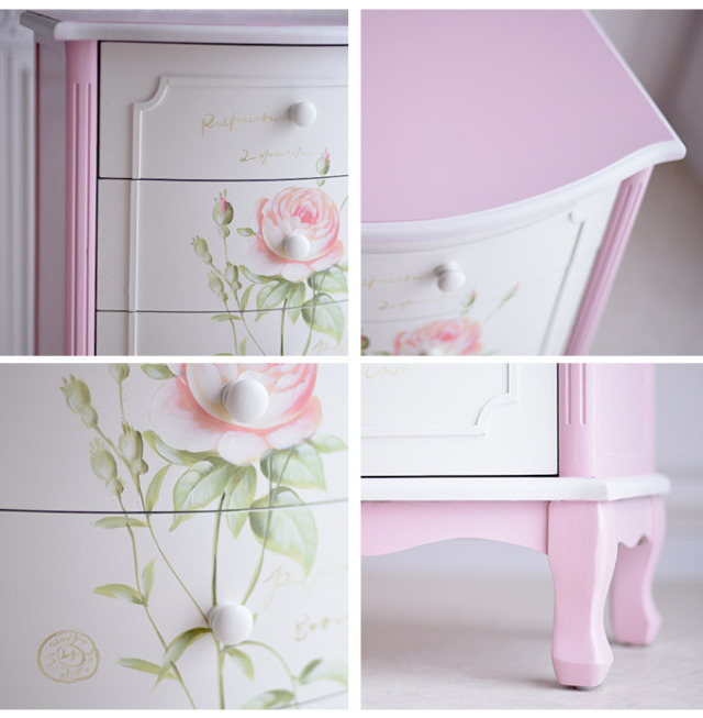 ハンドペイント 薔薇の5段チェスト フレンチピンク｜姫系ローズ家具