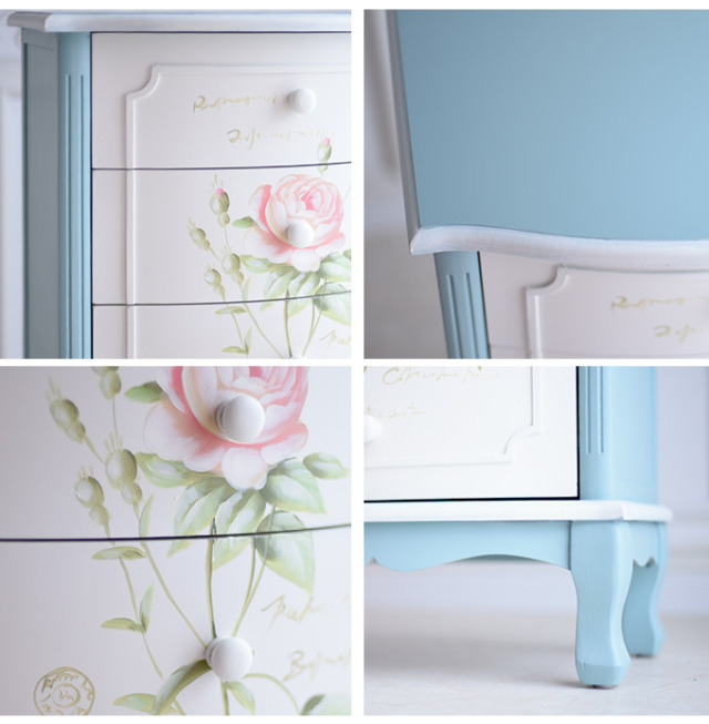 ハンドペイント 薔薇の5段チェスト フレンチブルー｜姫系ローズ家具