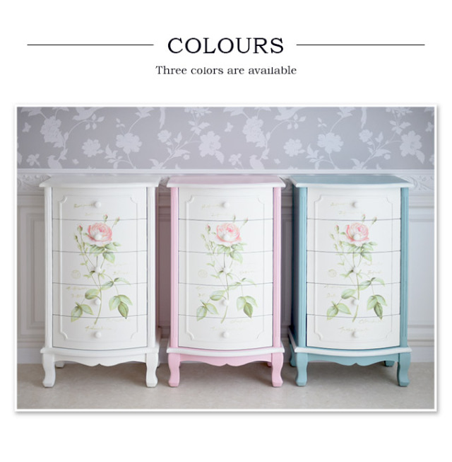 ハンドペイント 薔薇の5段チェスト フレンチブルー｜姫系ローズ家具