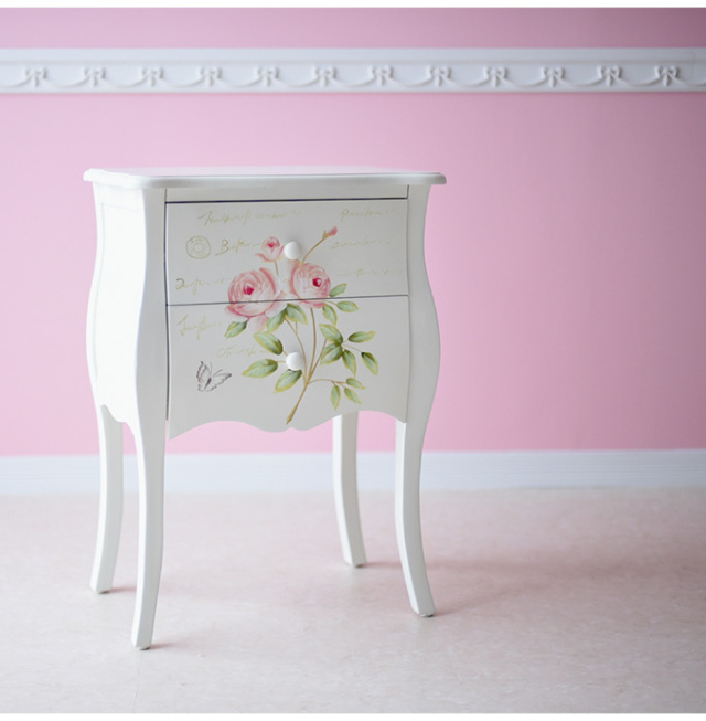 ハンドペイント 薔薇の2段ナイトテーブル フレンチホワイト｜姫系