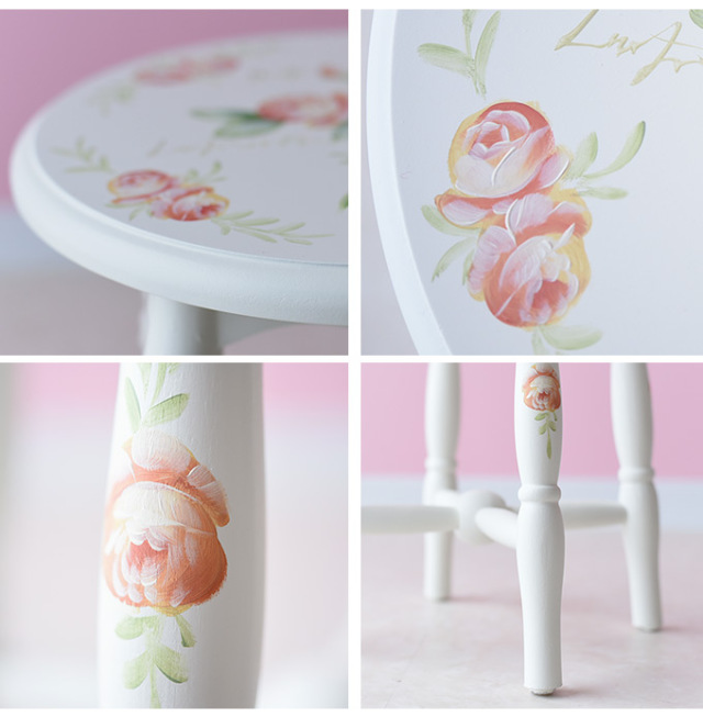 ハンドペイント 薔薇のスツール フレンチホワイト｜姫系ローズ家具