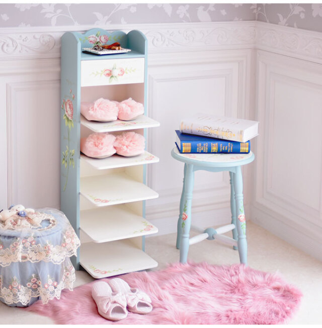 ハンドペイント 薔薇のスツール フレンチブルー｜姫系ローズ家具