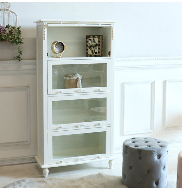 ブックケース,キャビネット,フラップ式,4段,ホワイト