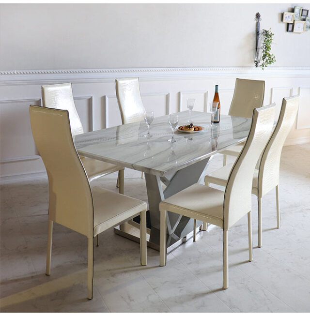 大理石のテーブル 輸入家具 ネオエレガンス 人工大理石 ダイニングセット7P ホワイト 6人