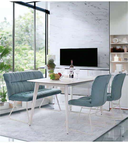 大理石柄 セラミック ベンチダイニングテーブルセット 4人掛け ブルー  