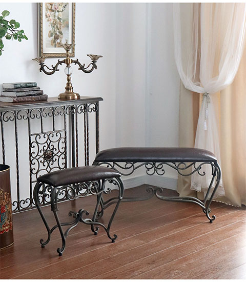 アンティーク調 アイアン製 ロングスツール レザー調 猫脚 輸入家具-2