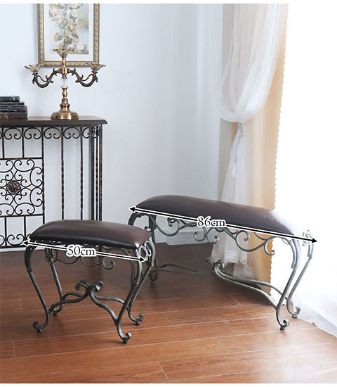 アンティーク調 アイアン製 ロングスツール レザー調 猫脚 輸入家具-3