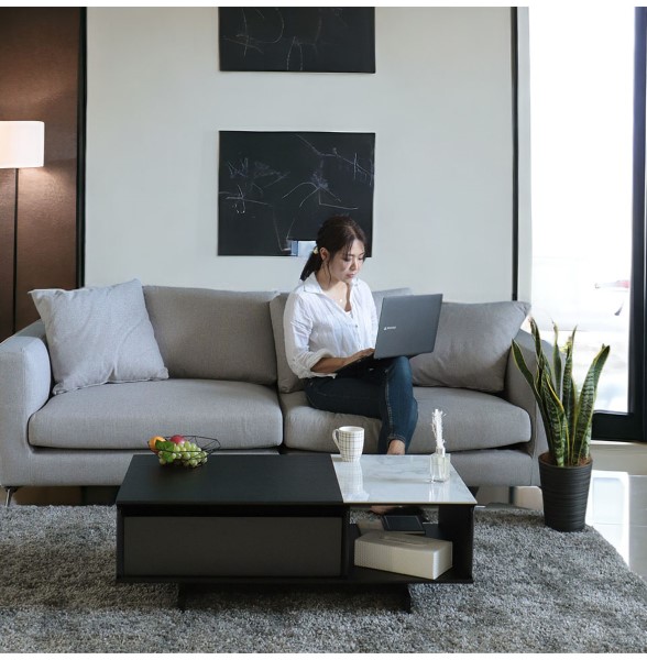 センターテーブル 引き出し付き 大理石柄＆ブラックオーク HOBANG  