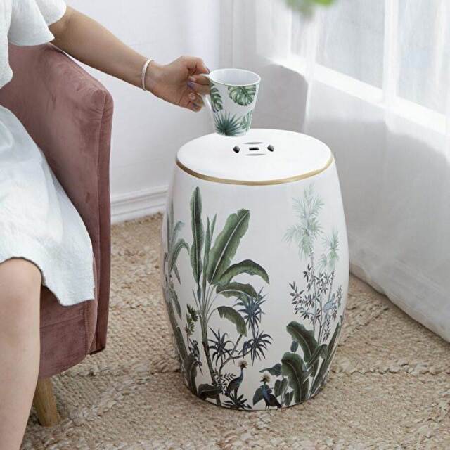 シノワズリ 円柱スツール 陶器製 スツール 花台 イス ペイント 北欧  