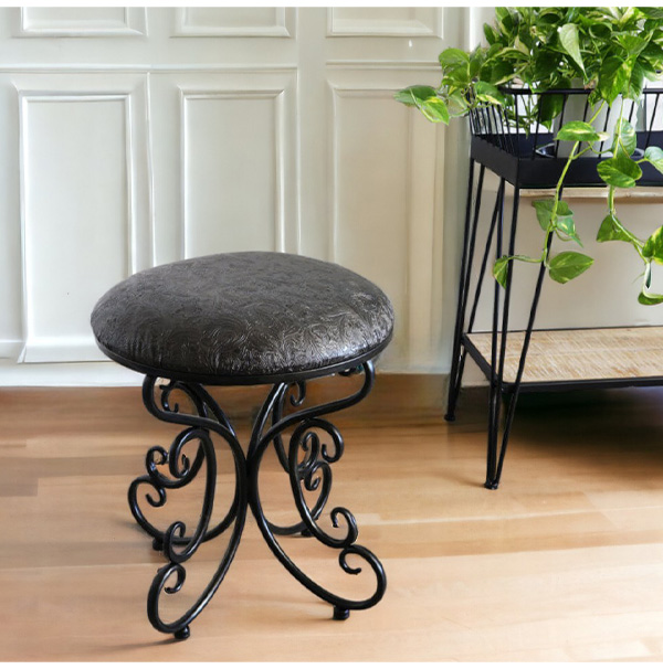 アンティーク調,ヨーロピアン,アイアンスツール,ラウンドスツール,黒,ブラック,猫脚,PVC,おしゃれ,コンパクト,インダストリアル-1