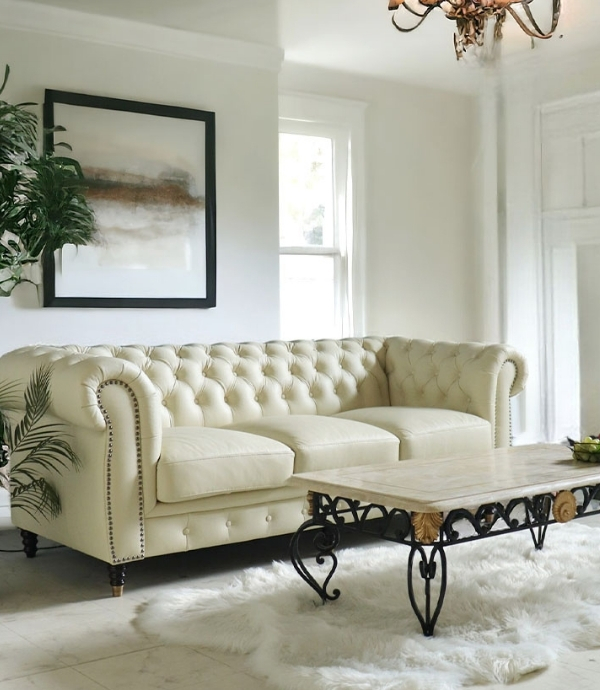 輸入家具 三人掛け チェスターフィールド ソファ アイボリーレザー 本  