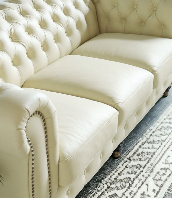輸入家具 三人掛け チェスターフィールド ソファ アイボリーレザー 本  