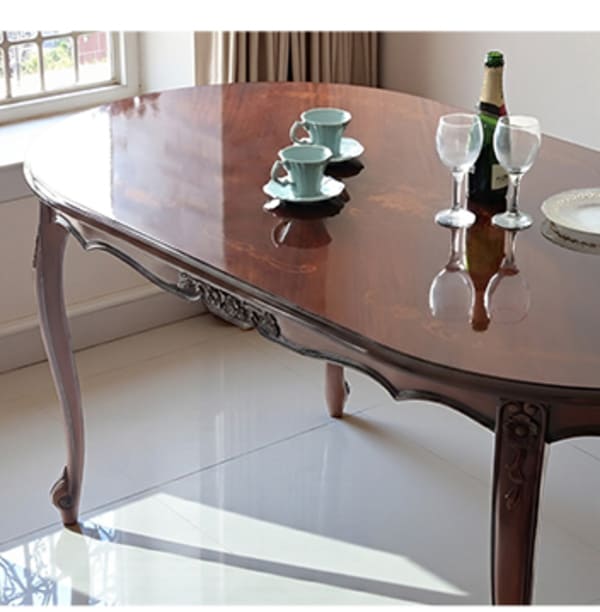 マリナカッシーリのヨーロピアン調クラシックデザインの猫脚ダイニングテーブル、マホガニー材と美しい象嵌装飾。-6