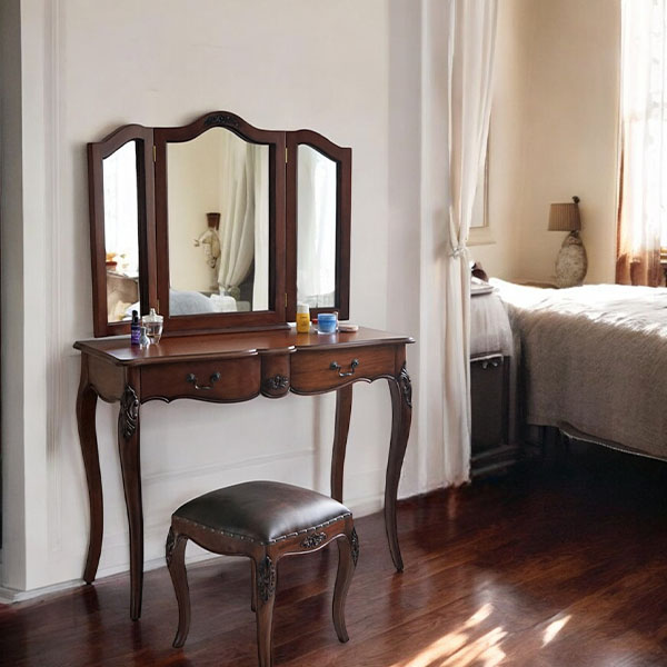 アンティーク調 コンソールとしても使える 2WAYタイプ 三面鏡ドレッサー(スツール付き) ブラウン エレガント おしゃれ 猫脚 輸入家具-1