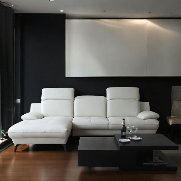 イタリアンレザー使用のリクライニング付きコーナーソファ。角度調整可能で快適なカウチスタイルを提供するL型タイプ。-7