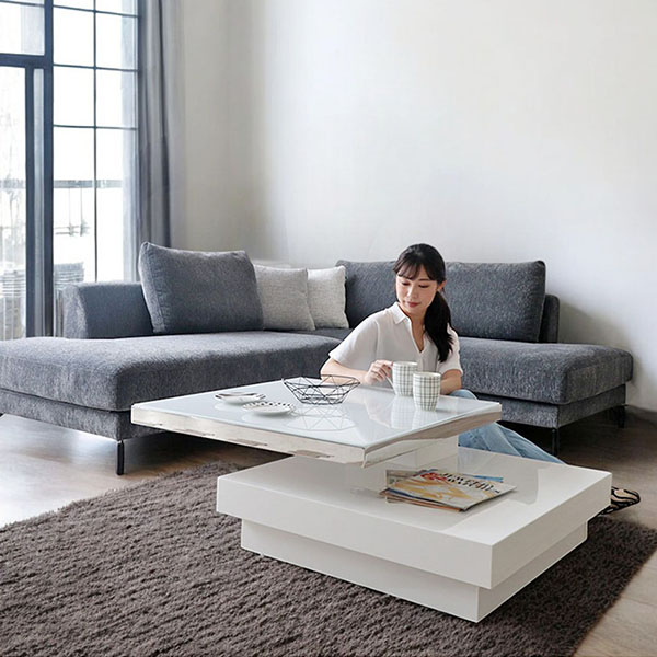 HOBANG 伸長＆回転式 センターテーブル ホワイトハイグロス 幅80  