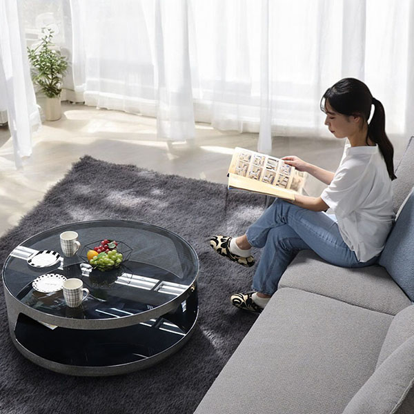 HOABNG 強化ガラス製 モダンセンターテーブル φ90cm 収納付き ブラックガラス×ステンレス-12