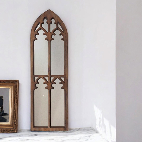 アンティーク調ウィンドウミラー（ブラウン） フレンチシャビー 幅30cm スリム 壁掛け＆置き型対応 輸入雑貨 インテリア-1