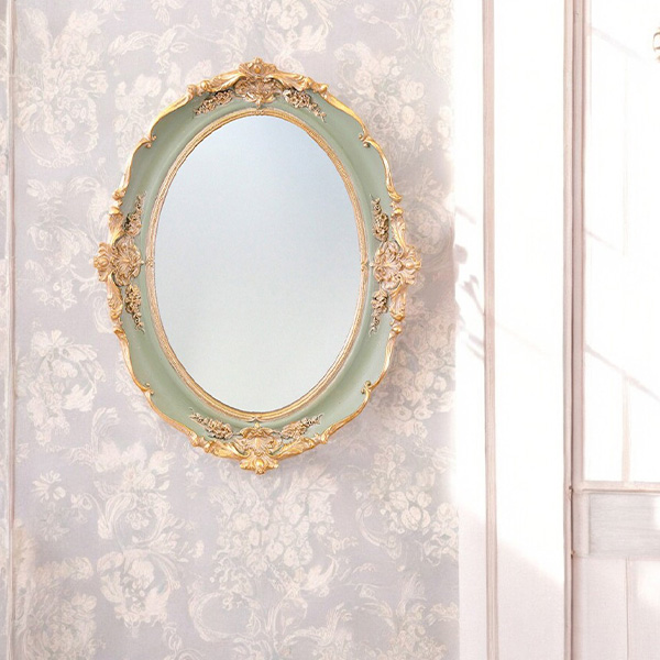 アートデコ風オーバルミラー ロココデコ オーバルウォールミラー 壁掛け鏡（グリーン）｜Y-KAGU