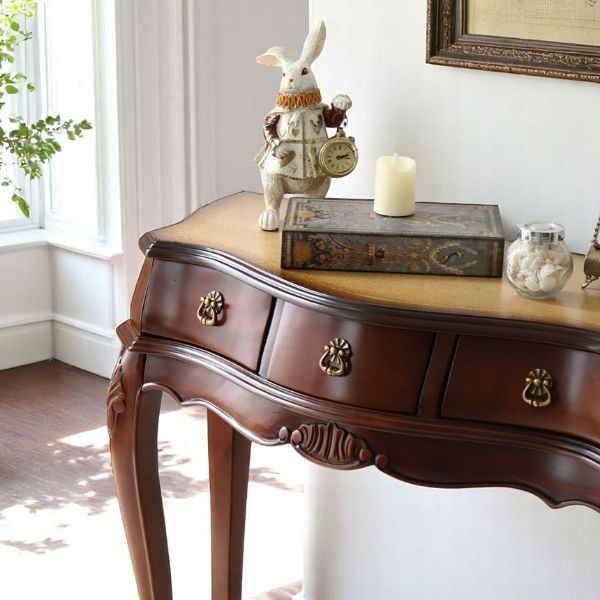アンティーク調 猫脚 コンソールデスク 幅90cm 在宅ワーク対応 パソコンデスク ブラウン 木製 おしゃれ 玄関収納 店舗什器-6