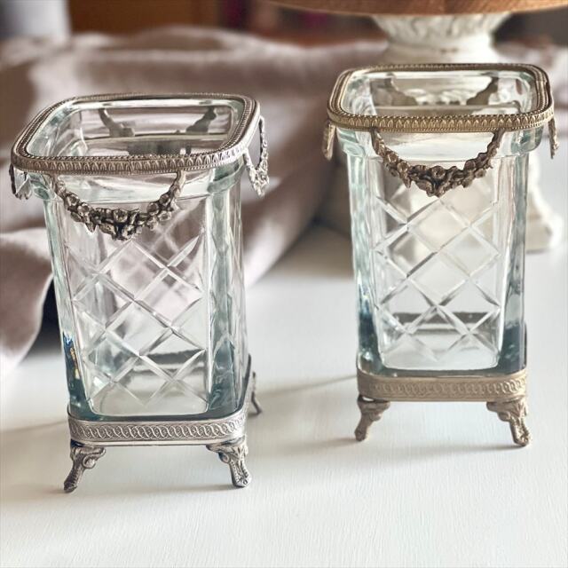 全2色】 真鍮製 アンティーク調 スクエアガラスコンテナ 花瓶