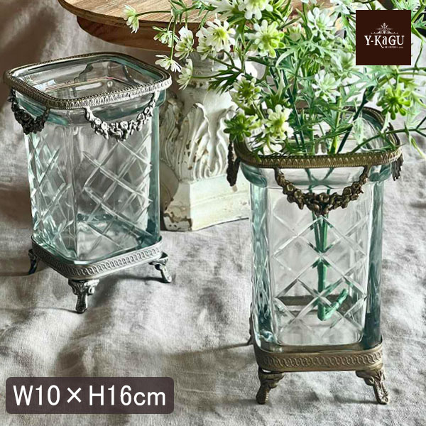 真鍮製 アンティーク調 スクエアガラスコンテナ 花瓶（フラワーベース）-18