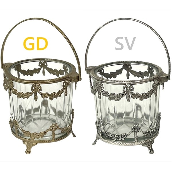 全2色】 真鍮製 アンティーク調 リボンモチーフ ガラスバスケット 花瓶