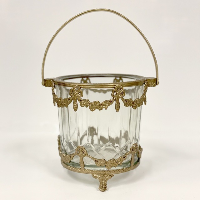 全2色】 真鍮製 アンティーク調 リボンモチーフ ガラスバスケット 花瓶