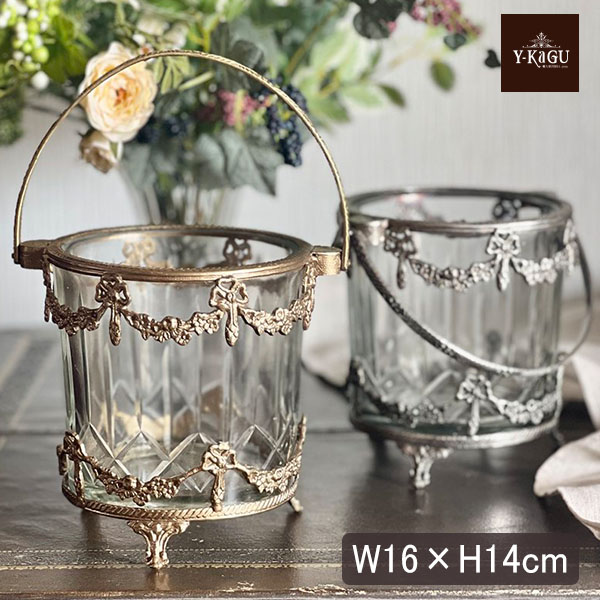 全2色】 真鍮製 アンティーク調 リボンモチーフ ガラスバスケット 花瓶