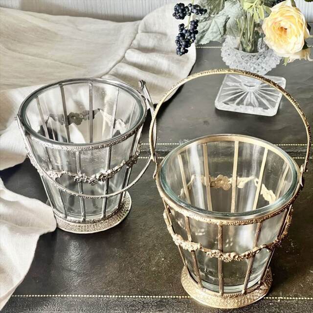 全2色】 真鍮製 アンティーク調 ガラスバスケット 花瓶 ｜Y-KAGU