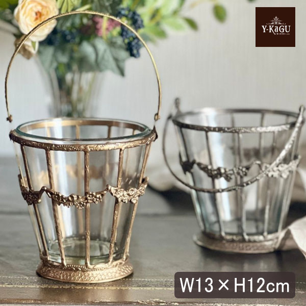 真鍮製 アンティーク調 ガラスバスケット 花瓶 -17