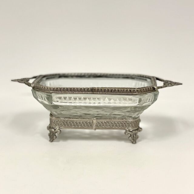 全2色】 真鍮製 アンティーク調 脚付きガラストレー トレイ 小物入れ