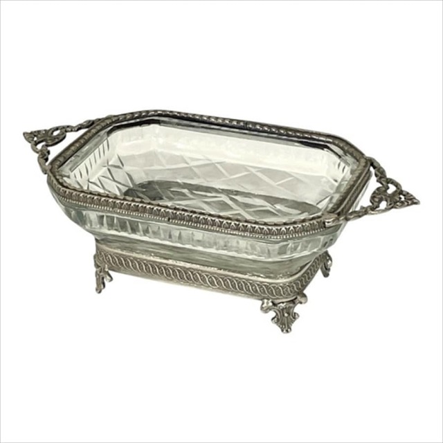 真鍮製 アンティーク調 脚付きガラストレー トレイ 小物入れ-5