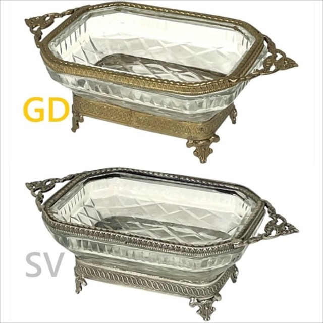 真鍮製 アンティーク調 脚付きガラストレー トレイ 小物入れ-6