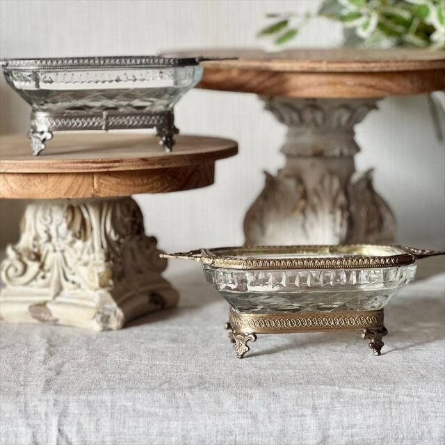 真鍮製 アンティーク調 脚付きガラストレー トレイ 小物入れ-9