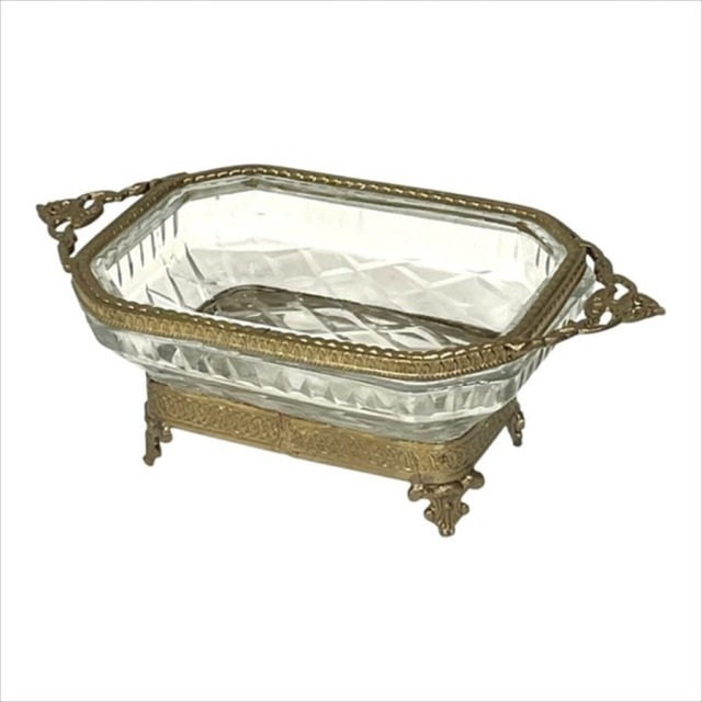真鍮製 アンティーク調 脚付きガラストレー トレイ 小物入れ-10